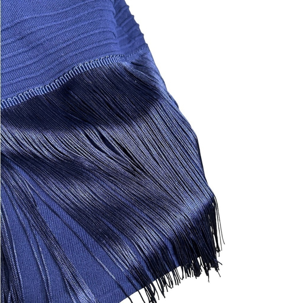 Venus Navy Blue Short Sleeve Cocktail Fringe Sweater Knit Dress Size Medium - Picture 11 of 14